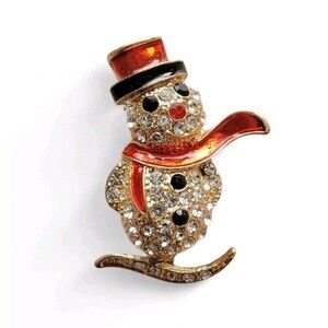 Holiday Snowman Brooch Gold Pin Enamel Rhinestone Christmas Jewelry Accessories